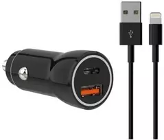 Sinox 12V dviguba USB automobilinė įkroviklis 18W + 20W + 1m Lightning kabelis, juodas