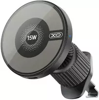 XO automobilinis magnetinis laikiklis CX025 su 15W belaidžiu indukciniu įkrovikliu, juodas, tvirtinamas į ventiliacijos groteles, skirtas MagSafe