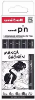 Uni-Ball Smeigtukų rinkinys „manga shonen“ 5 vnt. (0,05/0,3/0,8/1,2/teptuku) juodi pigmentiniai rašalai
