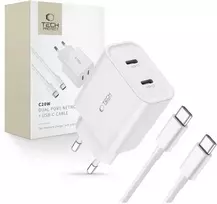 Tech-Protect C20W 2x USB-C PD 20W įkroviklis su USB-C / USB-C laidu - baltas