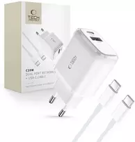 Tech-Protect C20W USB-C PD 20W / USB-A QC 3.0 įkroviklis su USB-C / USB-C laidu – baltas