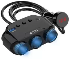 Car Cigarette Lighter Socket Splitter LM21 – 3 sockets + USB + Type C – QC 3.0 PD 3A 122W with display and cable