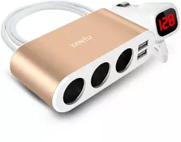Car Cigarette Lighter Socket Splitter B08 – 3 sockets + 2xUSB – 3,1A 120W with display and cable auksinis