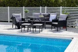 Venture Design Sofos komplektas, Knock, stalas: 120x70 cm, kėdė: 75x60 cm, sofa: 158x69 cm, ottomanas: 38x38 cm, juoda