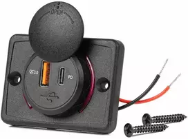 Amio Kvadratinis atsparus vandeniui telefono įkroviklis su raudonu LED apšvietimu, USB + USB C QC3.0 12/24V