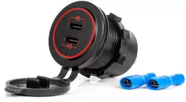 Vandeniui atsparus telefono įkroviklis su raudonu LED apšvietimu, 2xUSB-C 12/24V AMIO-04223