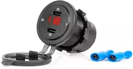 Vandeniui atsparus telefono įkroviklis su skaitmeniniu voltmetru ir raudonu LED indikatoriumi, 2xUSB-C 12/24V AMIO-04225