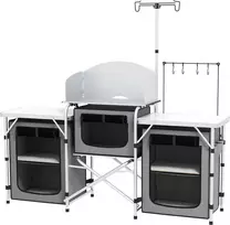 "Outsunny Camping Kitchen" sulankstoma virtuvė "Windbreak" 3 spintelės 3 stalviršiai Reguliuojamas šviesos stovas Camping Garden Aliuminio Oxford Pilkas