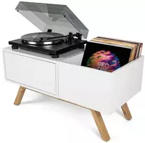 Laikiklis Reloop „Glorious“ patefono formos žema lentynėlė yra aukštos kokybės baldas, pasižymintis retro 1960-ųjų dizainu.