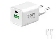 Winner Group WG - GaN maitinimo įkroviklis 2x USB 30W, 1x USB-C PD3.0 PPS QC4 30W + USB-A 18W, C tipo į C tipo laidas, baltas