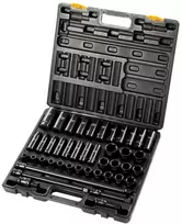 Smūginių galvučių komplektas 1/2", 43 vnt., standartinės/gilios, 6-kampės, metrinės 9-30 mm, galvutės, įvorės, prailgintuvai