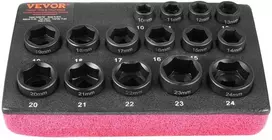 Smūginių galvučių komplektas 15vnt 3/8", 6-kampės, 10-24mm, auto remontui, galvutės, įrankių rinkinys