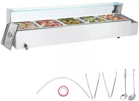Komercinis elektrinis maisto šildytuvas, stalviršio bufetas, nerūdijantis plienas, 5 x 8L, su stiklo apsauga, viešbučiams, kavinėms, vakarėliams