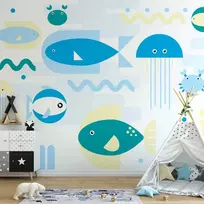 Artgeist Fototapetas - Animals in the sea - geometric mėlynas fish in water for kids