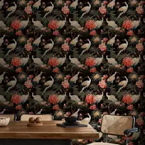 Artgeist Tapetas - Ornament with birds - silhouettes of cranes and peony flowers on a dark background
