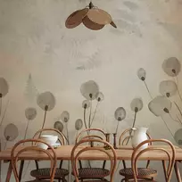 Artgeist Fototapetas - Minimalist meadow - floral motif in light shades with reflections