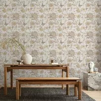 Artgeist Tapetas - rusvai gelsvas flowers and butterflies on baltas background