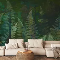 Artgeist Fototapetas - Žalias abstraction in the forest - fern leaves in the trunks with patterns
