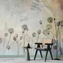 Artgeist Fototapetas - Minimalist meadow - floral motif in light shades with reflections