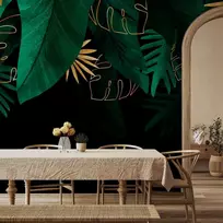 Artgeist Fototapetas - Jungle and composition - motif of žalias and golden leaves on a juodas background
