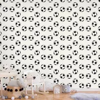 Artgeist Tapetas - Soccer - Symmetrical juodas-and-baltas soccer balls on a beige background.