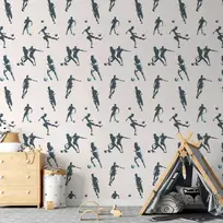 Artgeist Tapetas - Traces and Balls - Juodas-and-baltas soccer motifs on a beige background.