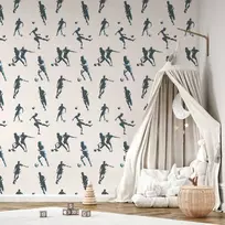 Artgeist Tapetas - Traces and Balls - Juodas-and-baltas soccer motifs on a beige background.