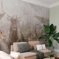 Artgeist Fototapetas - Forest motif - deer with antlers among fern leaves on concrete pattern