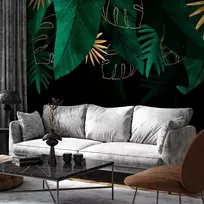 Artgeist Fototapetas - Jungle and composition - motif of žalias and golden leaves on a juodas background