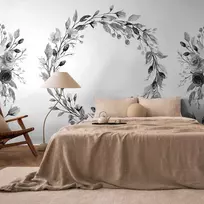 Artgeist Fototapetas - Romantic wreath - pilkas plant motif with leaves with rose pattern