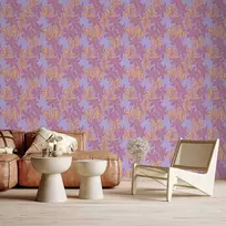 Artgeist Tapetas - Exotic - Two-Tone Flowers - Flowers in violetinė and oranžinis on a mėlynas background.