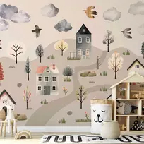 Artgeist Fototapetas - Scandinavian Valley - Village in Pastel Colours Painted in Watercolours