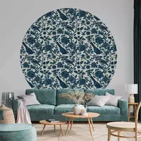 Artgeist Apvalus fototapetas - Birds and roses - monochrome mėlynas pattern with botanical motif