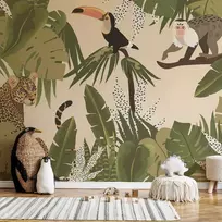 Artgeist Fototapetas - Leaves and Shapes - Jungle in Faded Colours With Animals