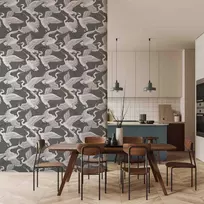 Artgeist Tapetas - Flying birds – a delicate pattern of baltas and pilkas herons on a pilkas background