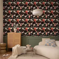 Artgeist Tapetas - Ornament with birds - silhouettes of cranes and peony flowers on a dark background