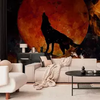 Artgeist Fototapetas - Wild nature - wolf on a background of a red moon in flames of fire