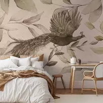 Artgeist Fototapetas - Bird among the leaves - floral motif with a flying peacock in cool tones