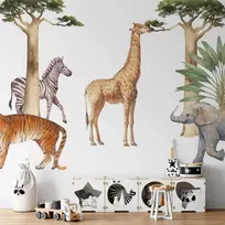 Artgeist Fototapetas - Jungle Animals on Baltas Background Made With Watercolour Technique