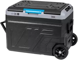 Profesjonalna Profesionalus TEESA kompresorinis kelioninis šaldytuvas su šaldymo funkcija, 50 l DC12/24 AC 230V, dideli ratukai ir tvirta rankena, „Bluetooth“, maitinimas baterijomis.