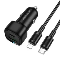 Oem Borofone Car charger BZ34B Cloud – USB + Type C – QC 3.0 PD 38W with Type C to Lightning cable juodas