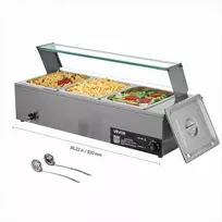 Elektrinis maisto šildytuvas su stikliniu gaubtu, 3 talpų nerūdijančio plieno stalviršio marmitas, 1500W bufeto šildymo stotelė restoranams ir vakarėliams