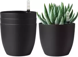 T4U dekoratyvinis plastikinis vazonas su savilaistymo sistema ir vandens lygio indikatoriumi, 15 cm, 4 vnt. rinkinys