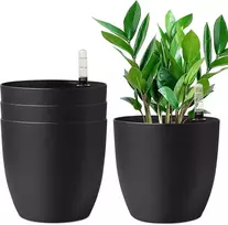 T4U dekoratyvinis plastikinis gėlių vazonas, 22 cm, su savilaistymo sistema, 4 vnt. rinkinys, juodas