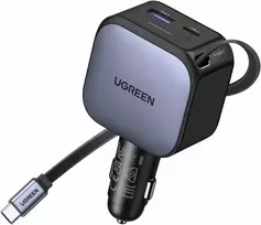UGREEN 3‑in‑1 90 W automobilinis įkroviklis su 60 W ištraukiamu USB‑C laidu, 3x USB jungtys