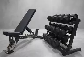Strongman Jėgos rinkinys – Reguliuojamas suoliukas, 385 kg Hex hanteliai ir 3 eilių stovas (Variantai: Suoliukas + hanteliai)