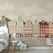 Artgeist Fototapetas - Salt Square - Colorful Illustrated Townhouses Against a Cloudy Sky Background