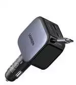UGREEN rychlonabíječka do auta se zatahovacím kabelem 145W 3-Port, 2x USB-C,1x USB-A, GaN, sidabrinė