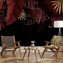 Artgeist Fototapetas - Jungle and composition - red and auksinis leaf motif on juodas background