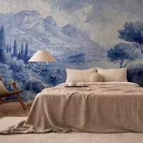 Artgeist Fototapetas - Mėlyna Bay - Italian landscape of Lake Como painted with mėlynas ink